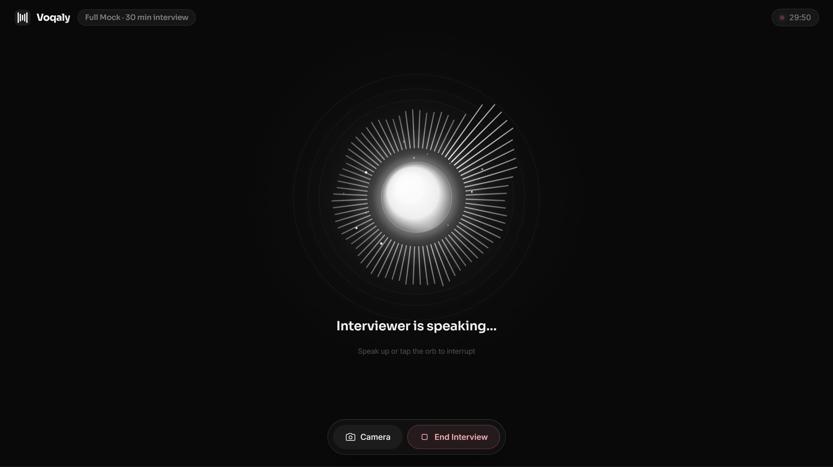 Voqaly AI mock interview in progress — voice orb glowing while AI interviewer speaks, real-time conversation