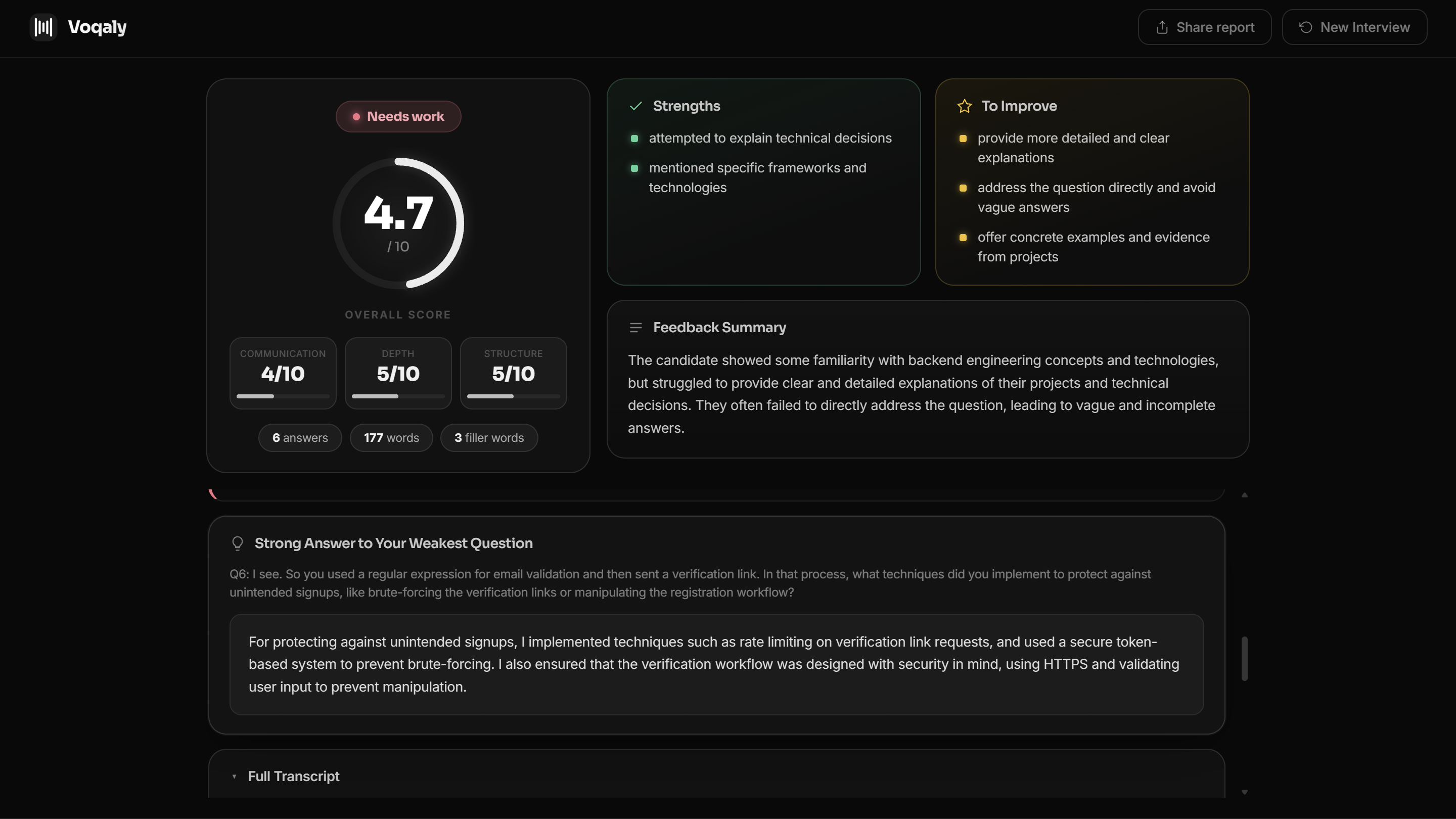Voqaly AI mock interview score report — overall score, strengths, areas to improve, and per-question breakdown
