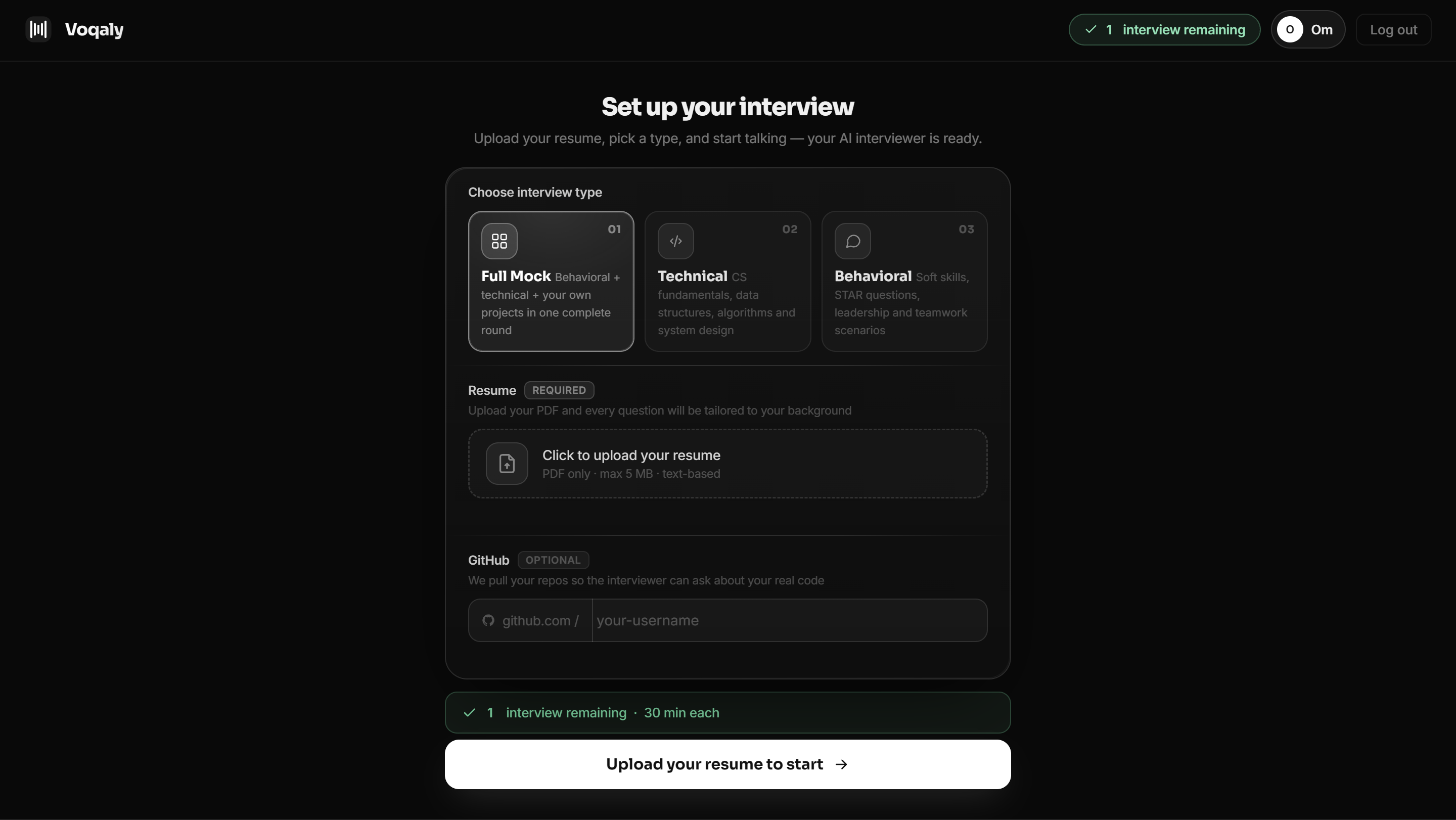 Voqaly AI mock interview setup — upload resume PDF and choose behavioral, technical, or full mock interview type